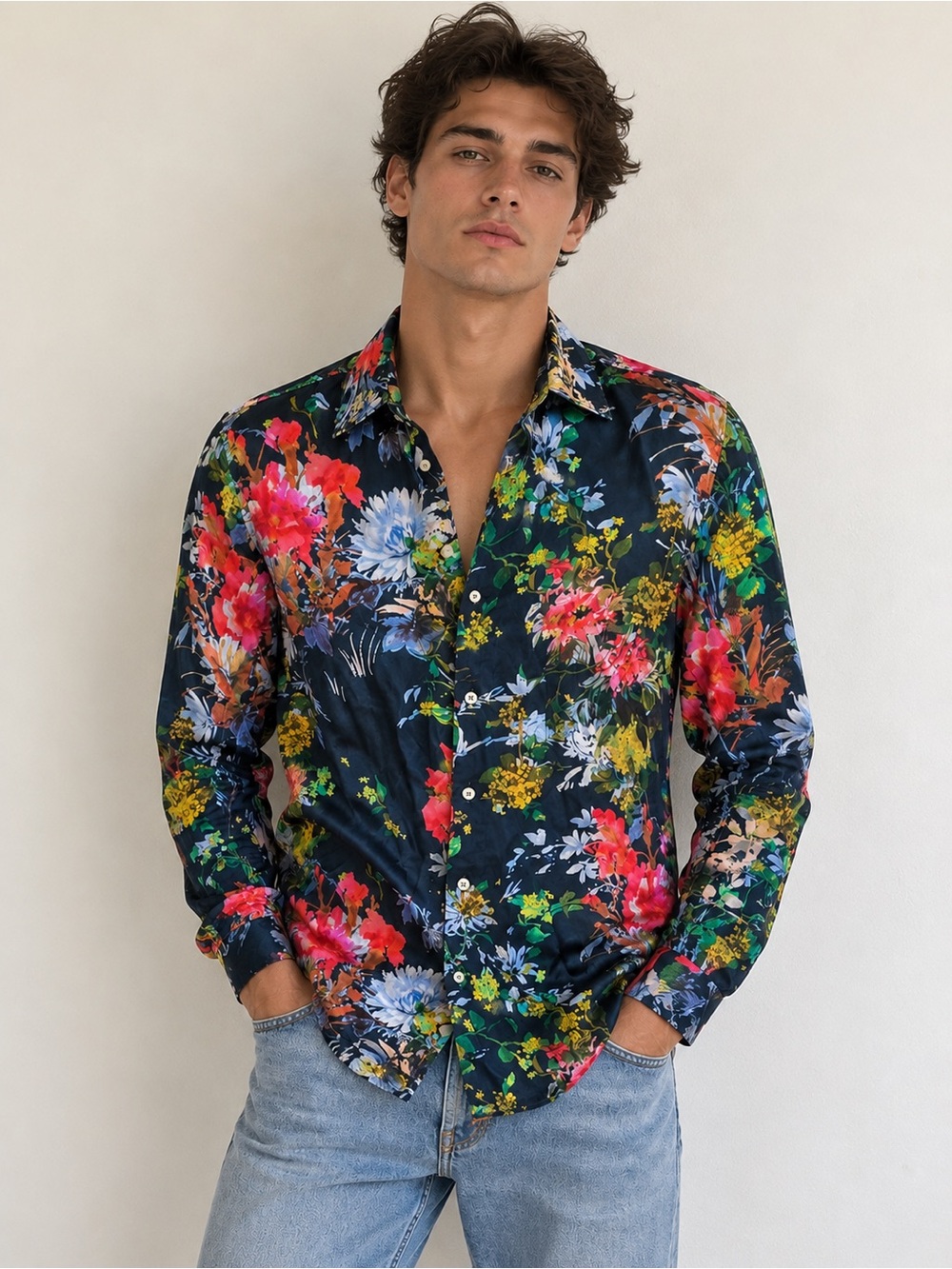 Zara Mens M Floral Shirt Navy Multicolor Viscose Regular Fit Made Portugal